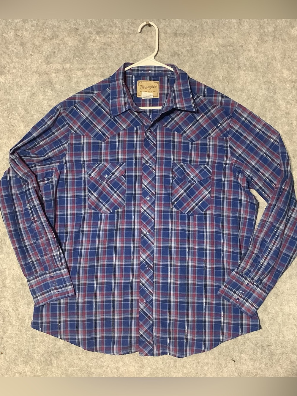 Wrangler Men's Blue Red Silver Metallic Plaid Western BluePearl Snaps XL